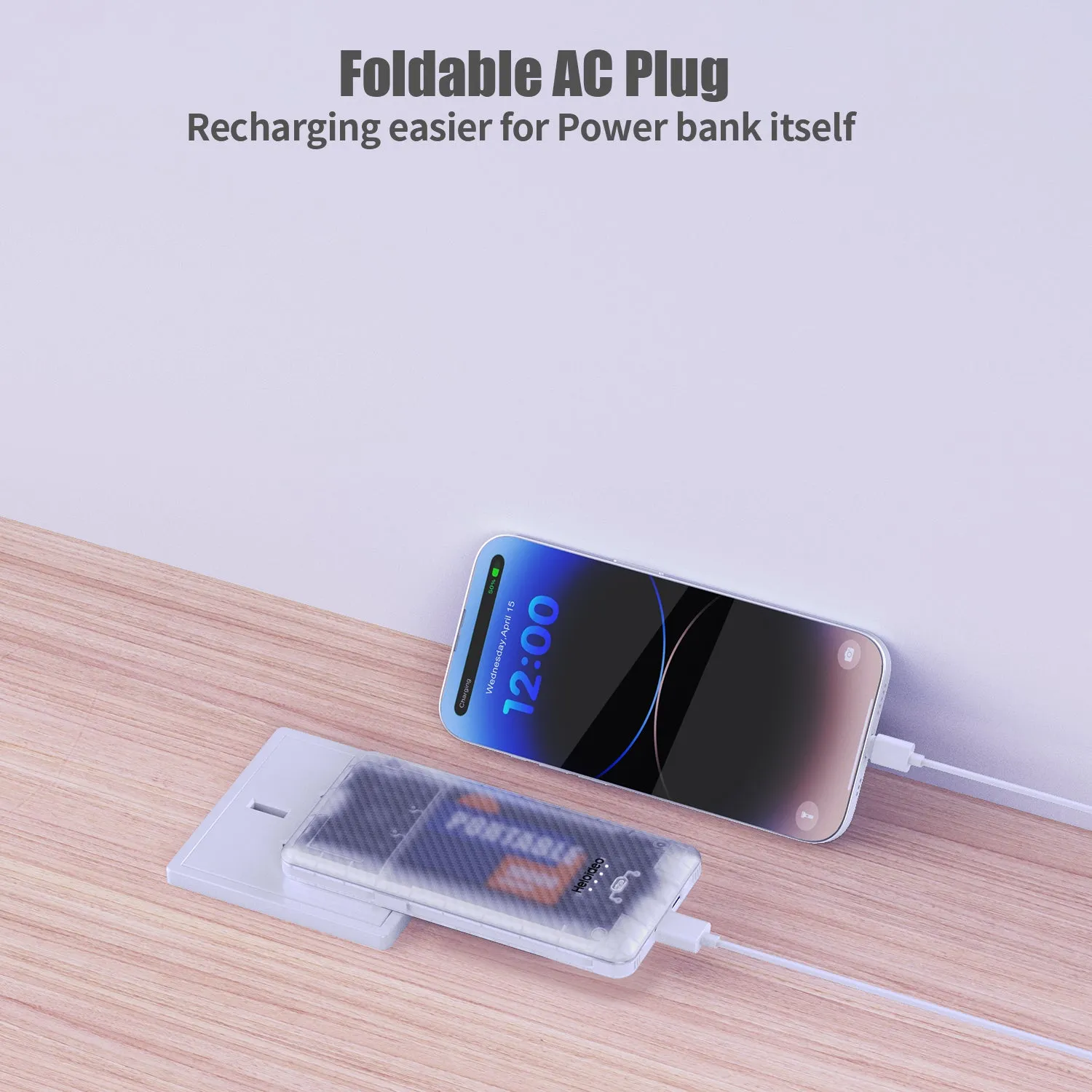 20W AC plug Power Bank Charger 10000mah Ultra-Slim fast charger built-in cable Heloideo PB180