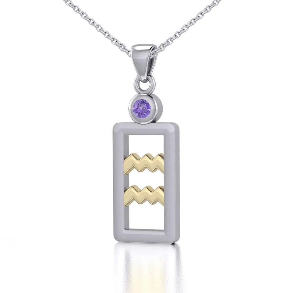 Aquarius Zodiac Sign Silver and Gold Pendant with Amethyst and Chain Jewelry Set MSE782