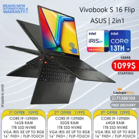 Asus Vivobook S 16 Flip TP3604VA-IS93T Core i9-13900h Vga Iris Xe 16” Touch 2in1 Laptops (Brand New)