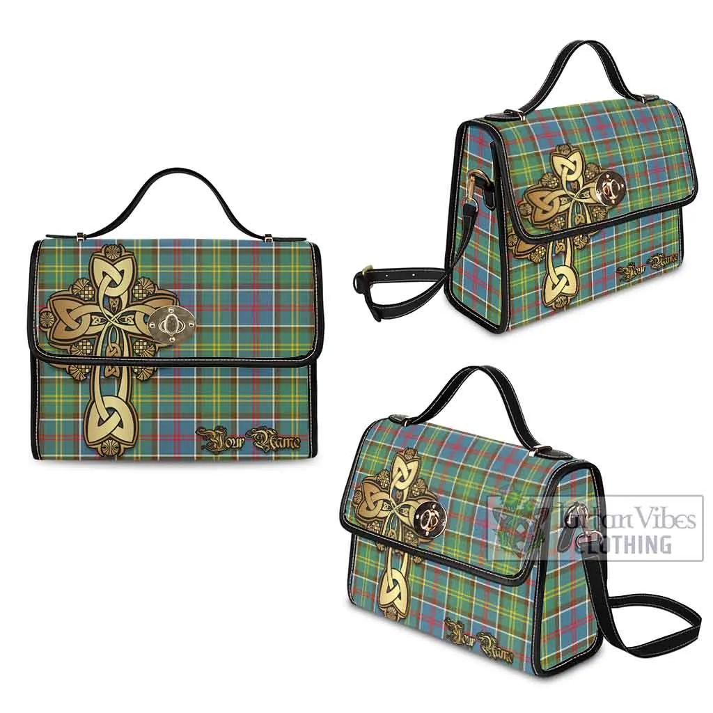 Ayrshire District Tartan Waterproof Canvas Bag Golden Thistle Celtic Cross Style