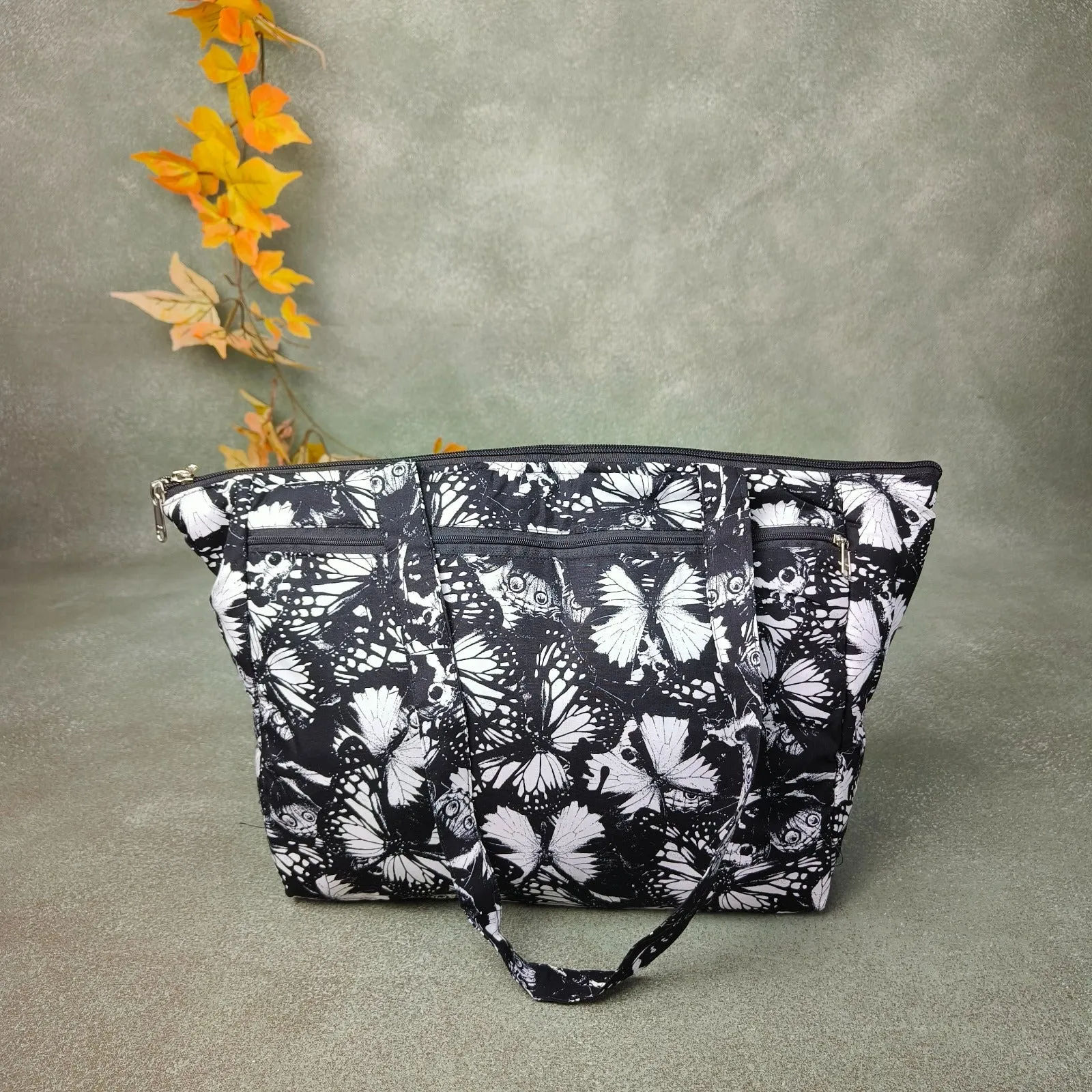 Baby Bag Diaper bag Hospital Bag Black with White Floral Prints Design