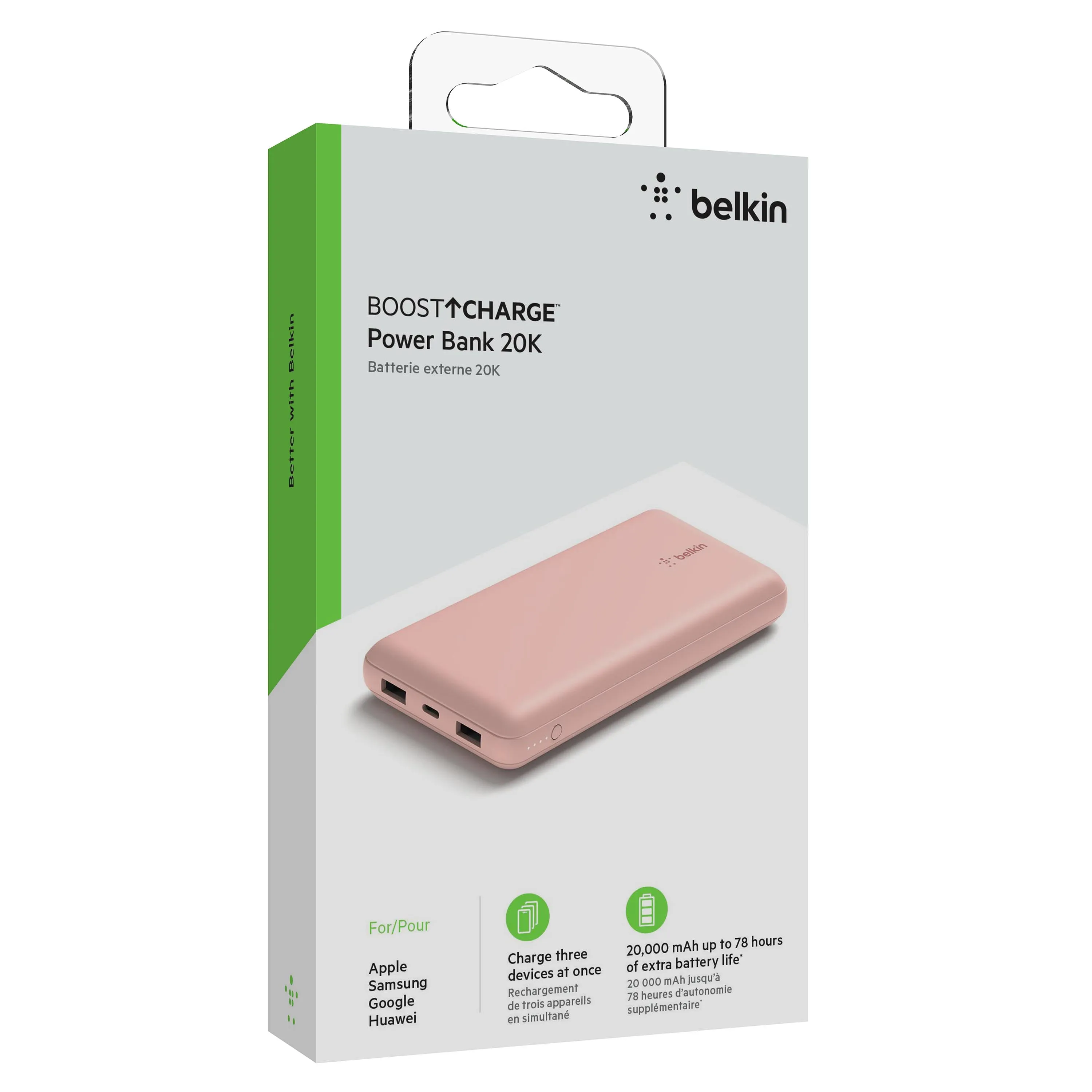 Batería externa 20K USB-A y USB-C de 15w de Belkin Oro rosa