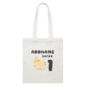 Birthday Royal Princess Girl Addname Turns 1 White Canvas Bag