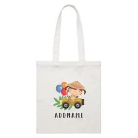 Birthday Safari Explorer Girl Driving Jeep Car Addname White Canvas Bag