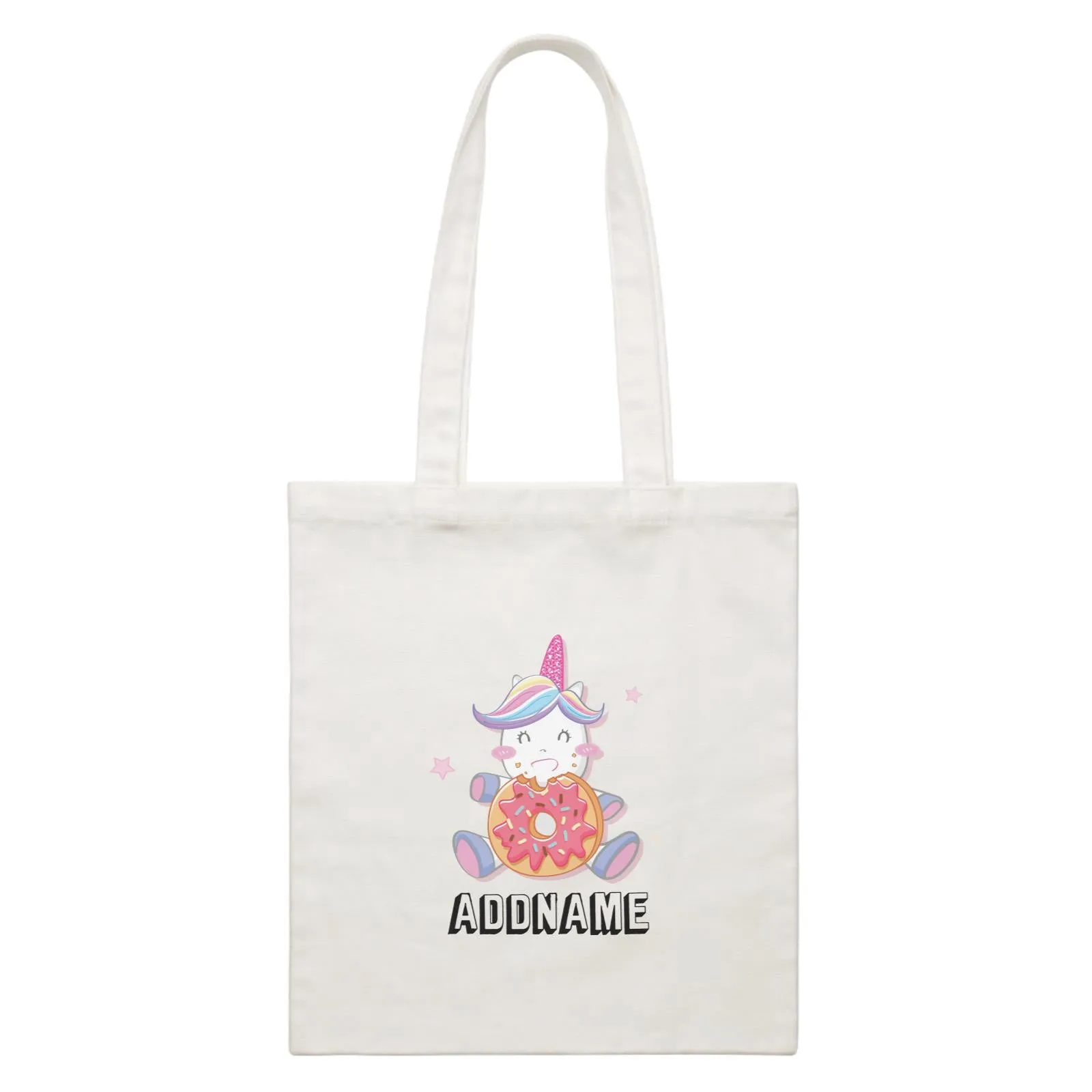 Birthday Unicorn Happy Eating Donut Addname White Canvas Bag