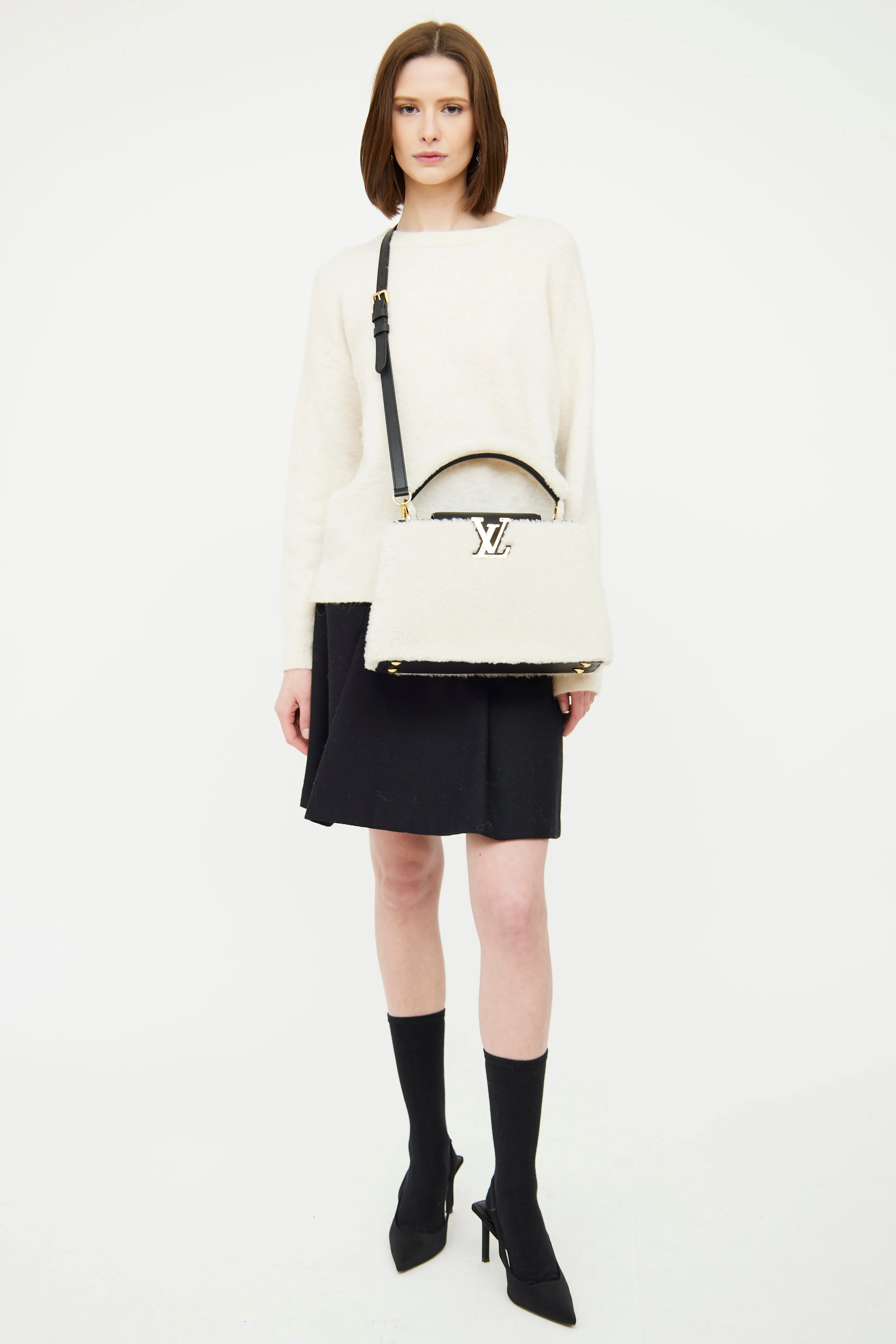 Black & Cream Teddy Fleece Capucines Bag