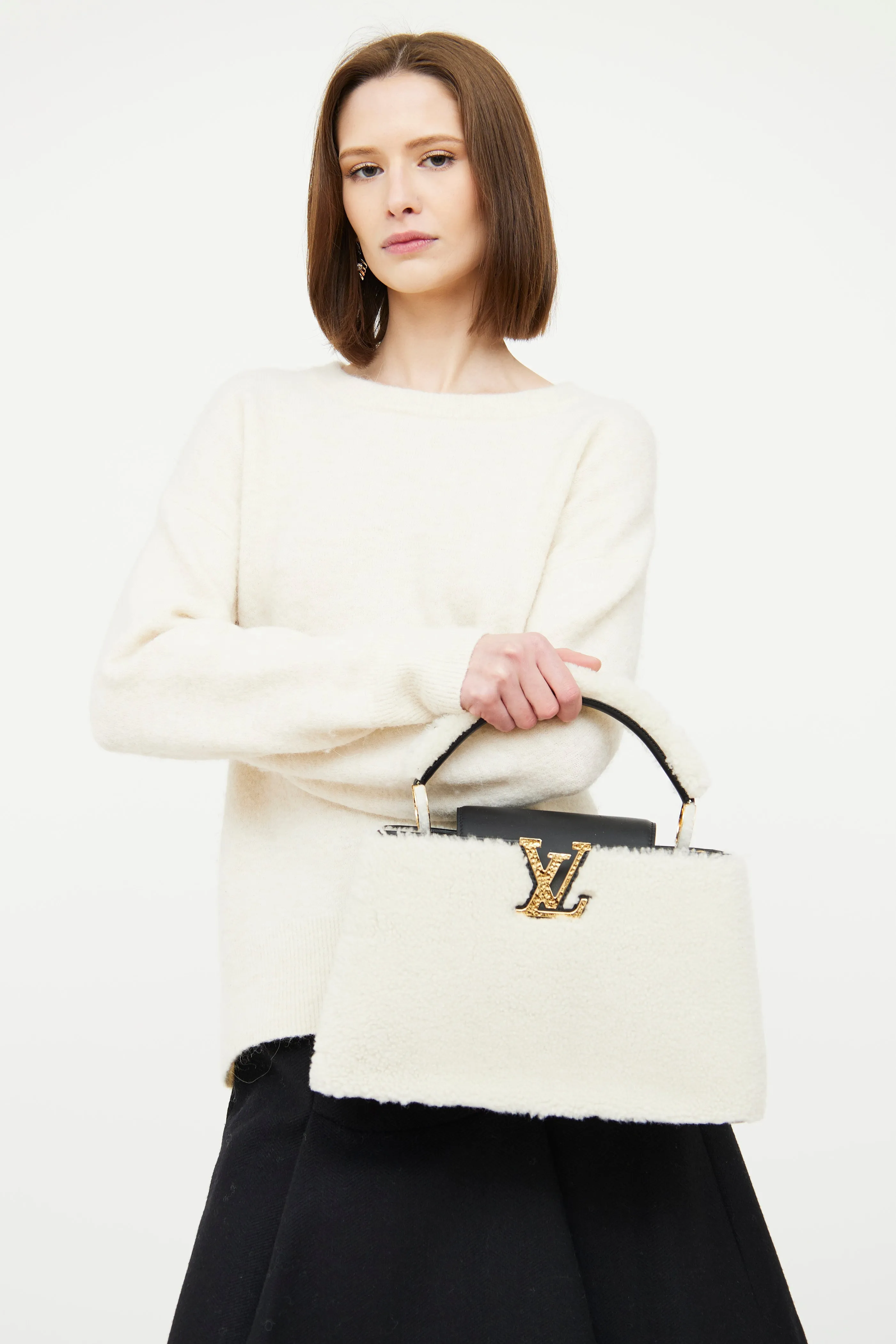 Black & Cream Teddy Fleece Capucines Bag