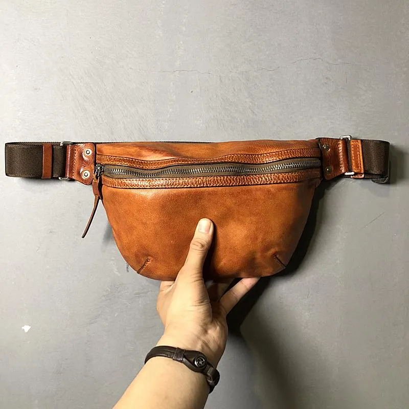 Black Cool Leather Men Small Fanny Pack Waist Bag Hip Pack Tan Belt Bag Bumbag for Men