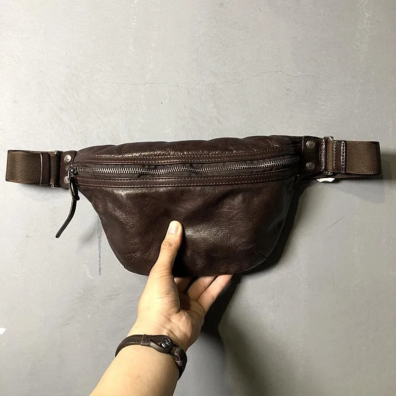 Black Cool Leather Men Small Fanny Pack Waist Bag Hip Pack Tan Belt Bag Bumbag for Men