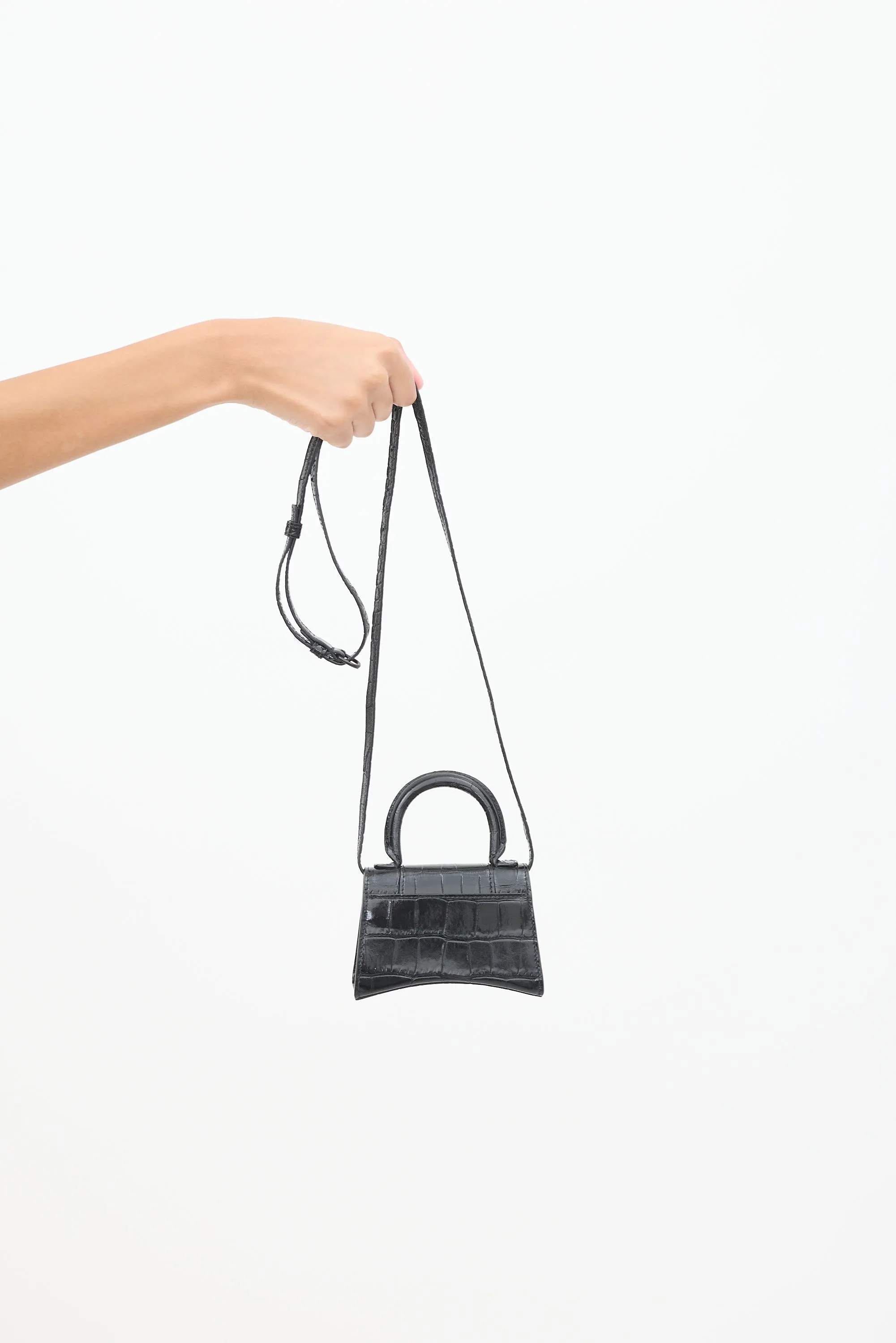 Black Embossed Leather Hourglass Mini Crossbody Bag