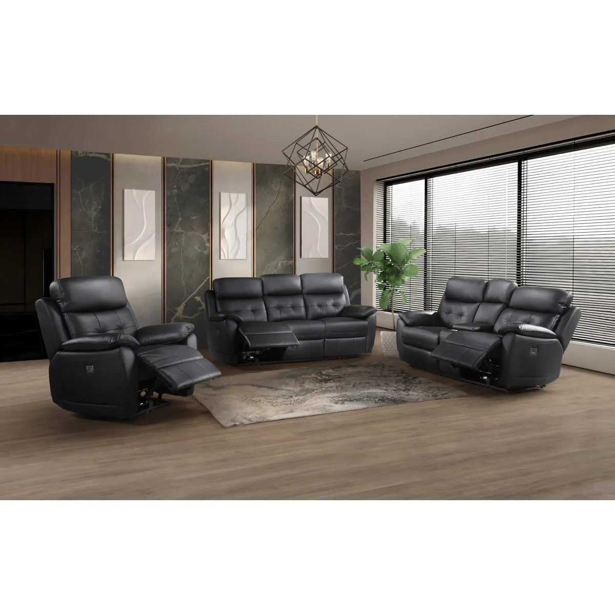 Black Leather Power Reclining Sofa with USB Ports