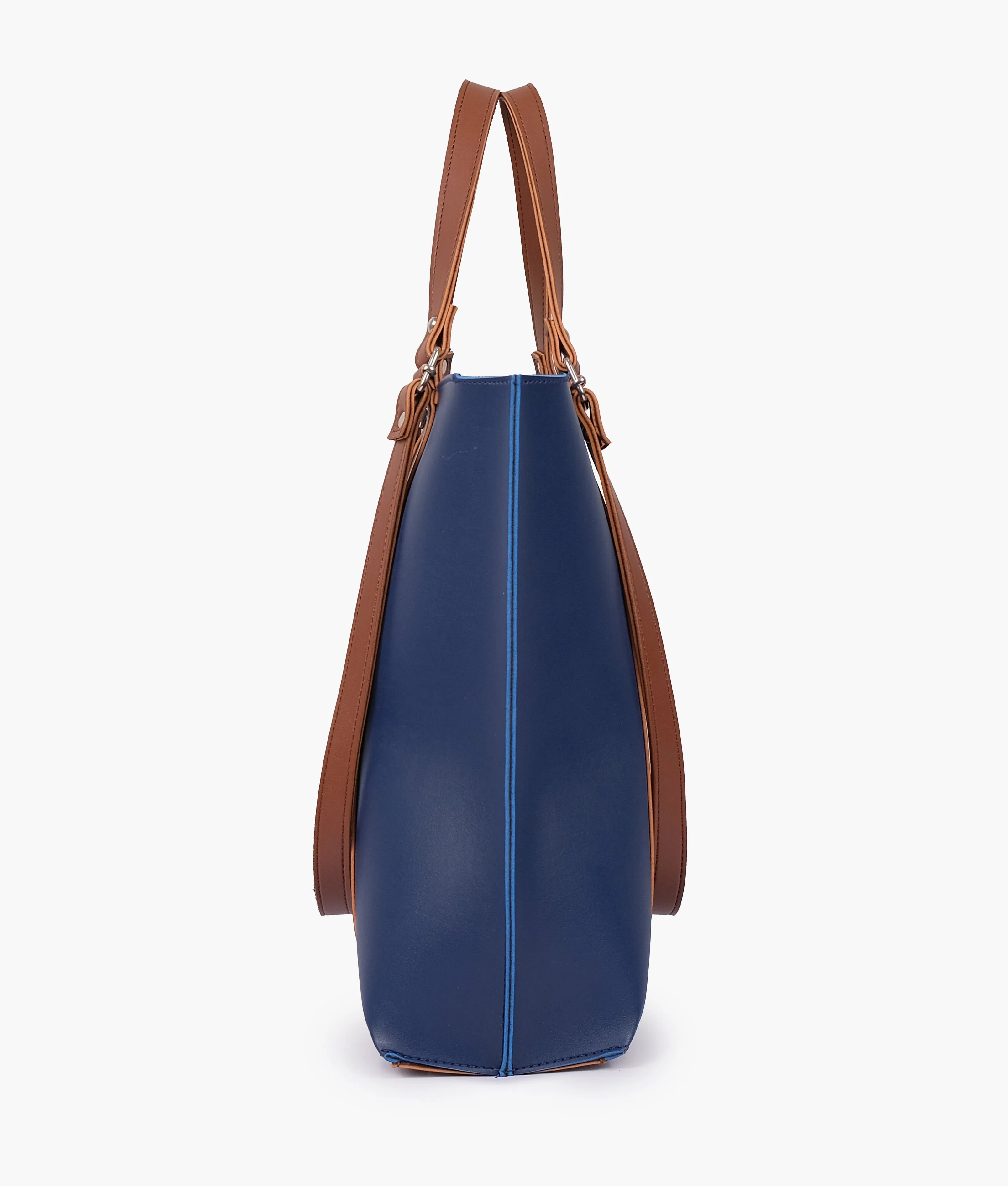 Blue and brown double-handle tote bag