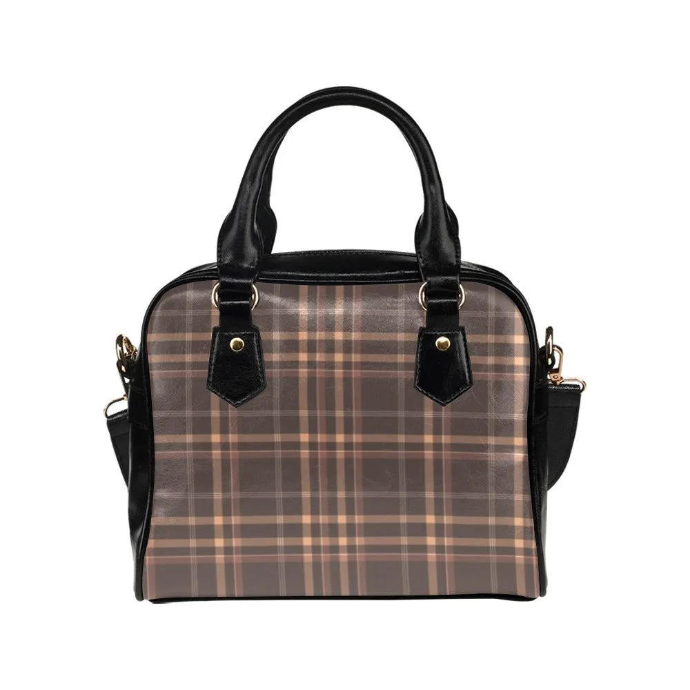 Brown Plaid Purse, Tartan Black Check Pattern Cute Small Shoulder Bag High Grade PU Leather Women Designer Handbag