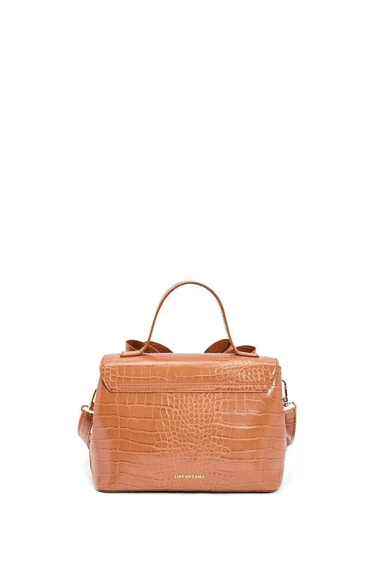 Cognac Vegan Bow Leather Tote/Crossbody Bag