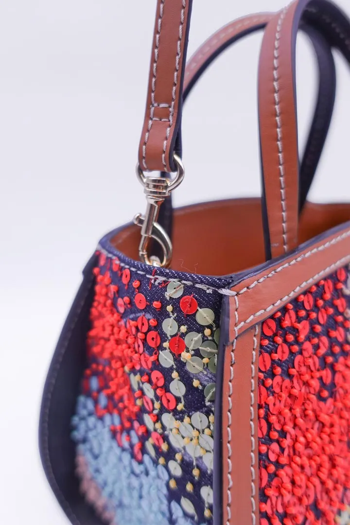 Colorful Sequin and Bead Embellished Denim Clutch Bag with Crossbody Strap