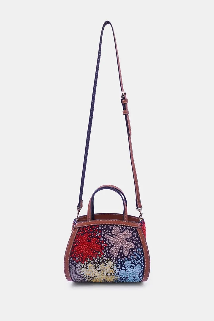 Colorful Sequin and Bead Embellished Denim Clutch Bag with Crossbody Strap