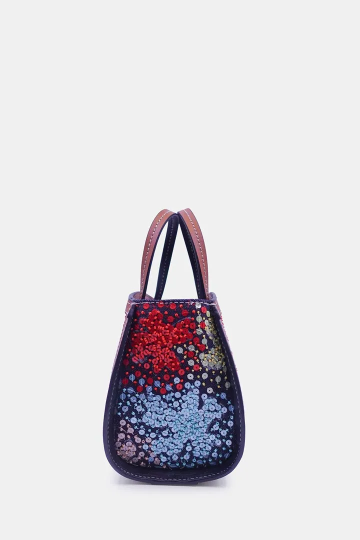 Colorful Sequin and Bead Embellished Denim Clutch Bag with Crossbody Strap