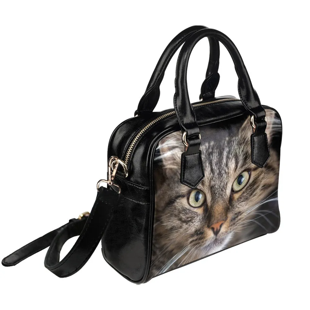 Cute Cat Purse, Animal Kitten Realistic Kitty Black Print Small Shoulder Bag Vegan Leather Women Designer Handbag Ladies Crossbody