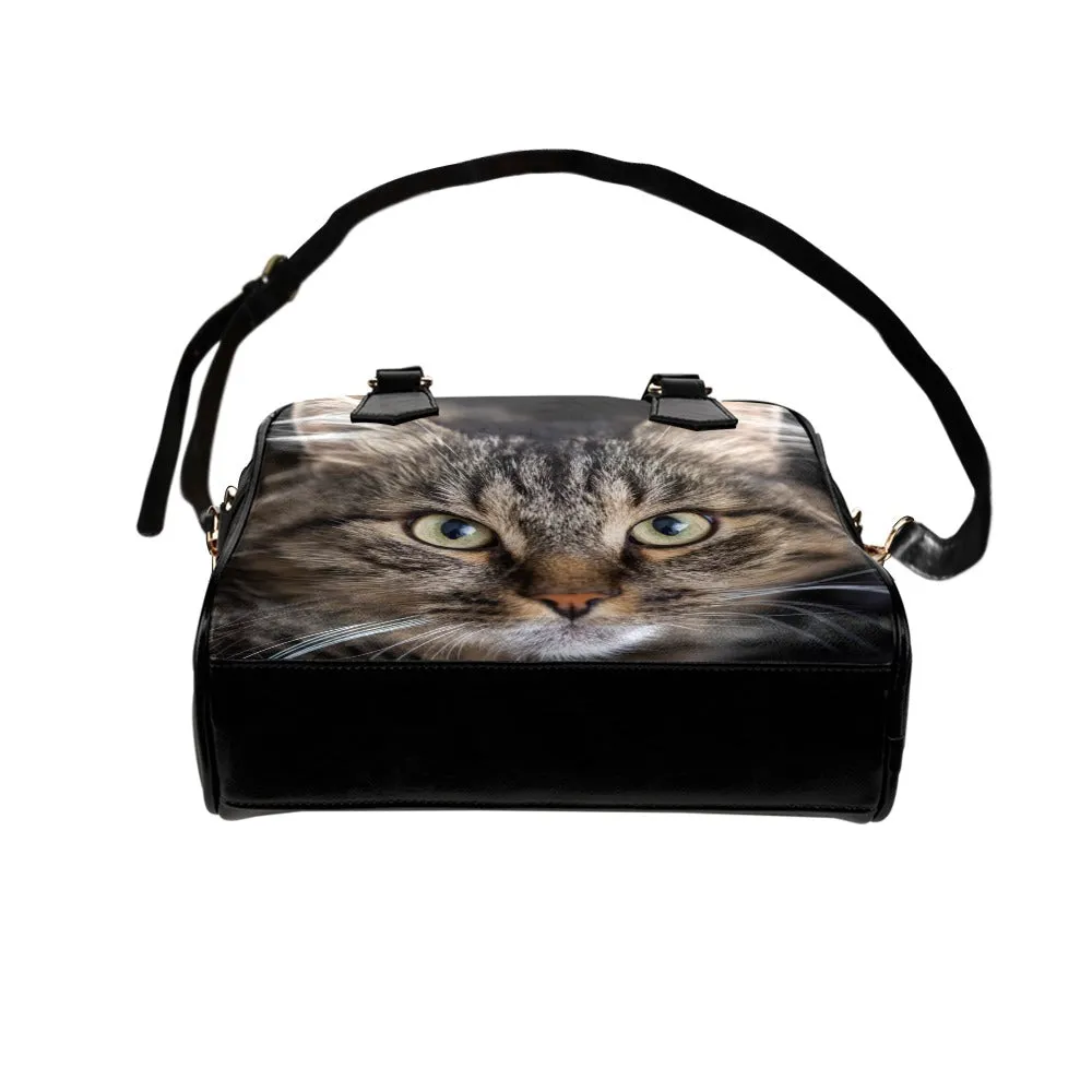 Cute Cat Purse, Animal Kitten Realistic Kitty Black Print Small Shoulder Bag Vegan Leather Women Designer Handbag Ladies Crossbody