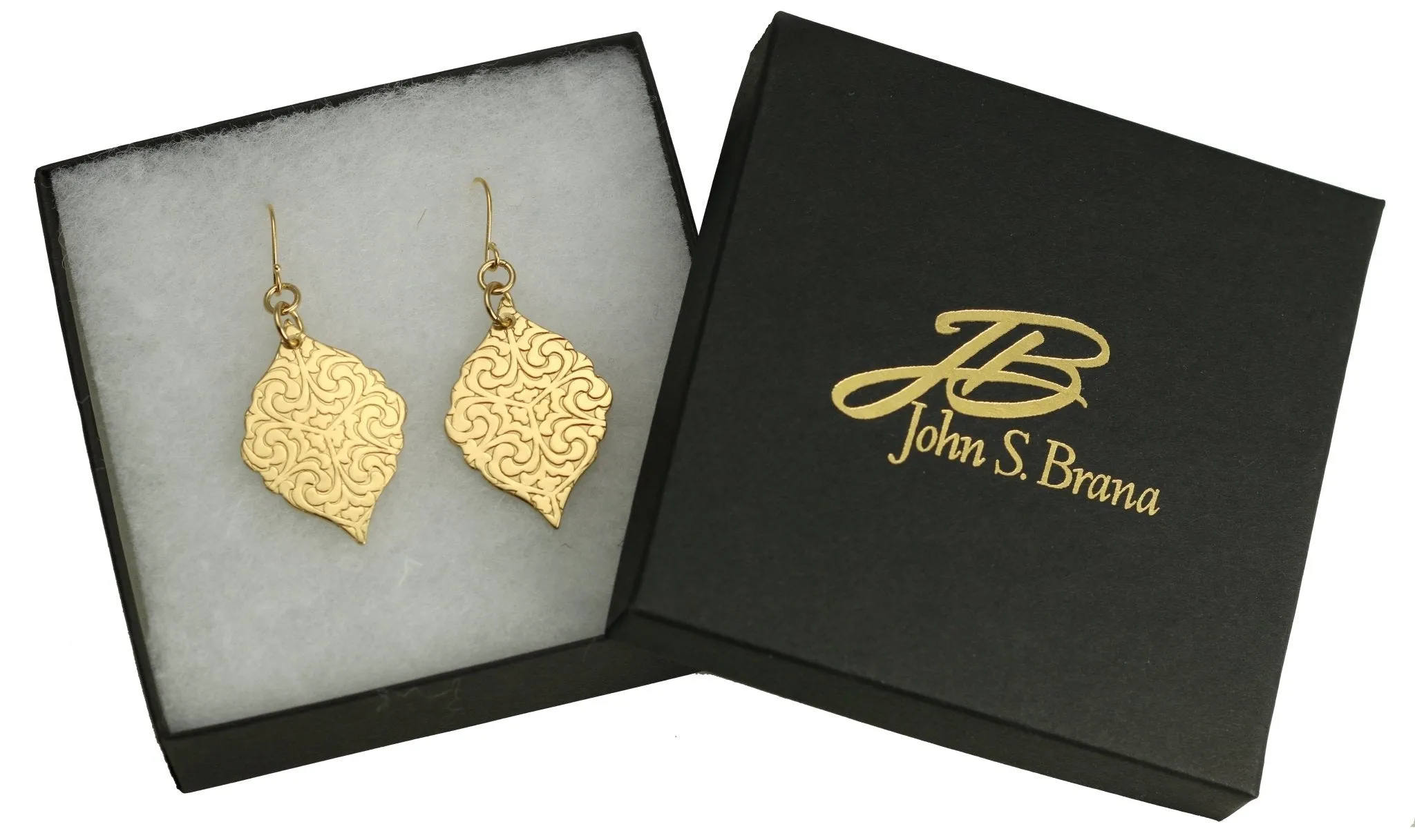 Damask Embossed Brass Nu Gold Moroccan Drop Earrings