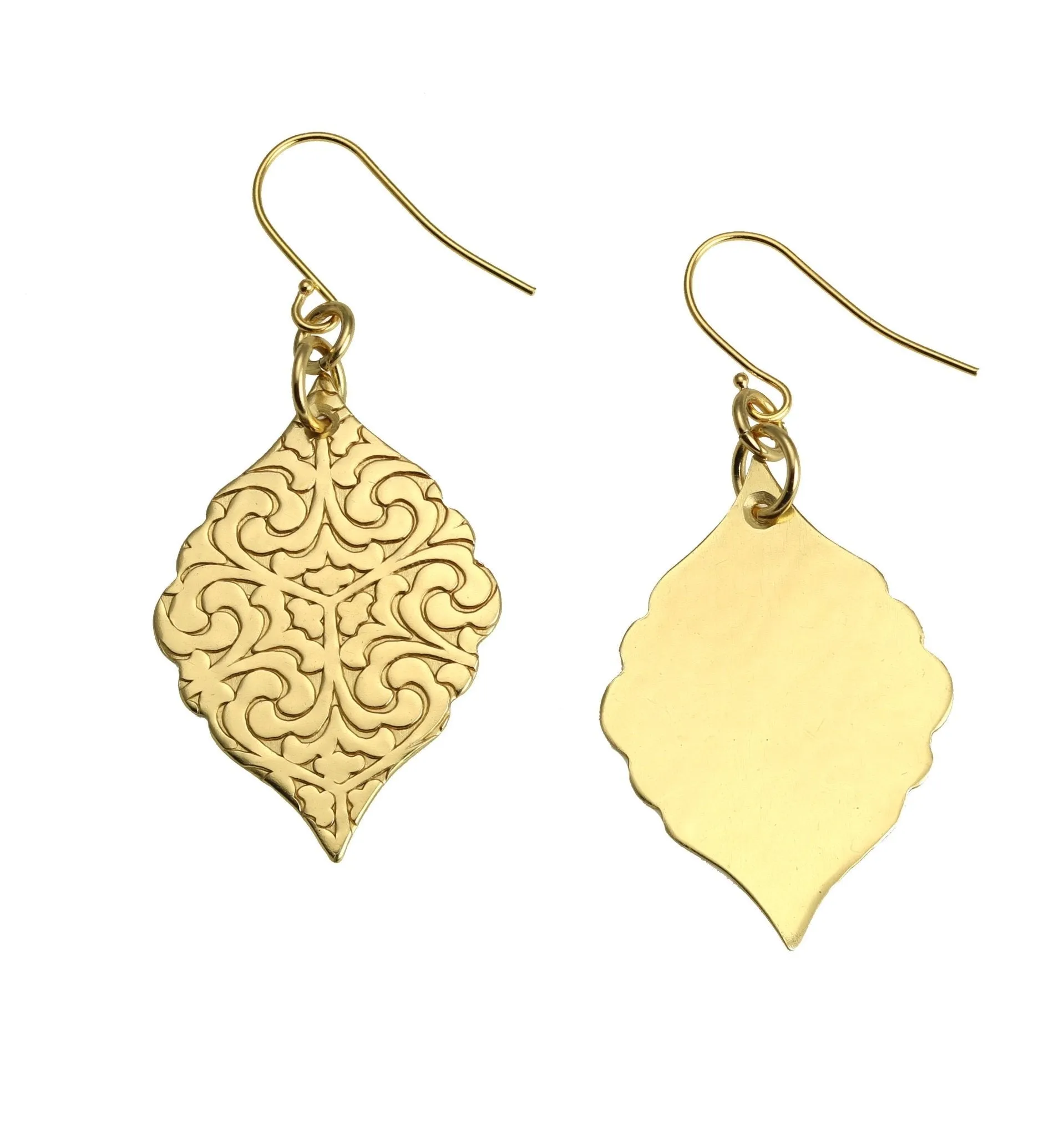 Damask Embossed Brass Nu Gold Moroccan Drop Earrings