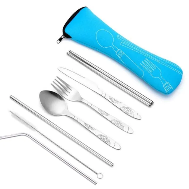 Dinnerware Portable Spoon Fork Steak Knife Travel Tableware with Bag