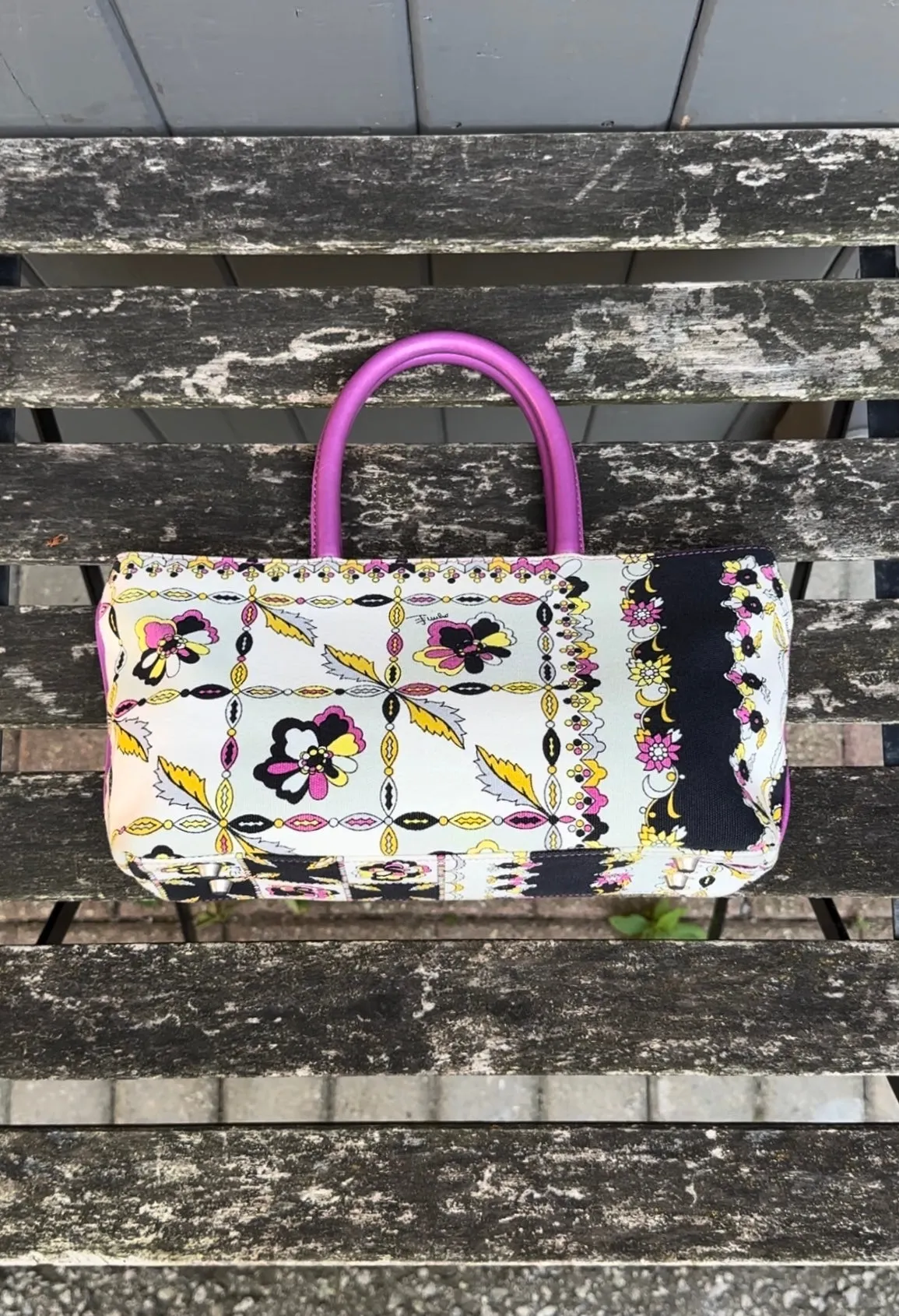 EMILIO PUCCI Vintage Floral Print Canvas Leather Top Handle Tote