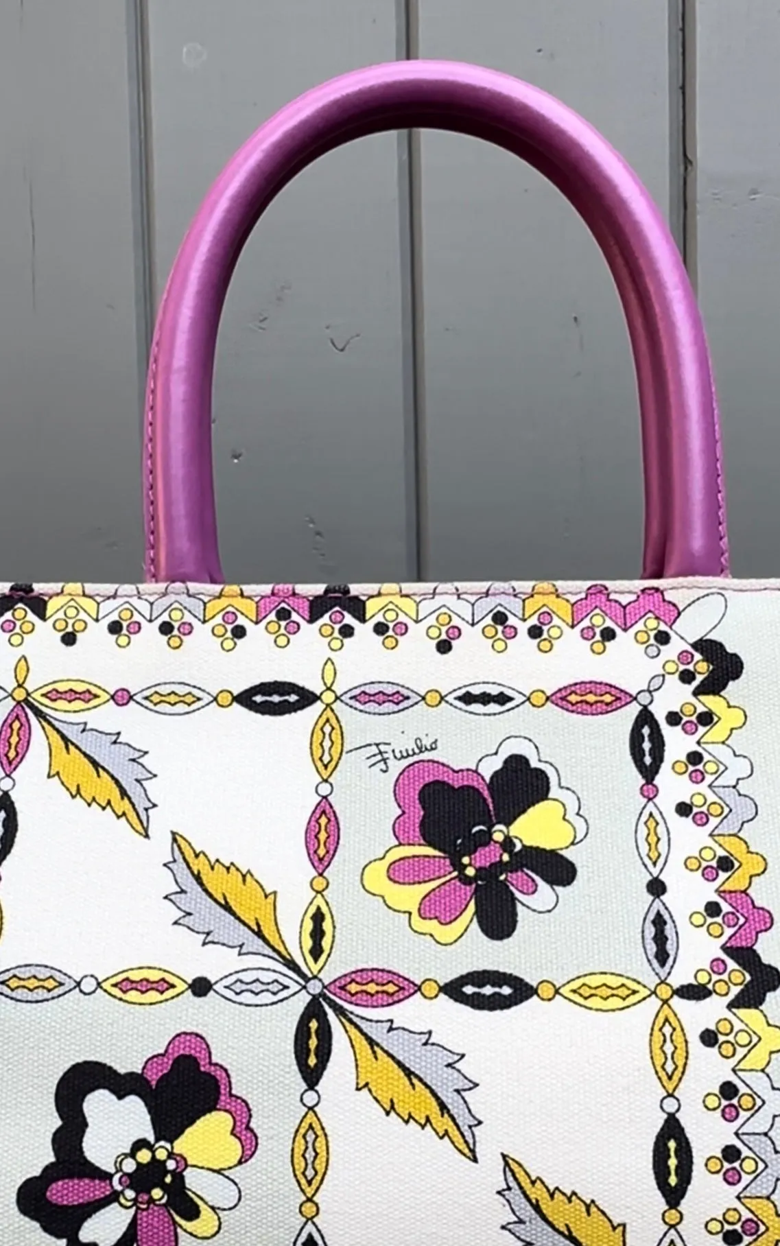 EMILIO PUCCI Vintage Floral Print Canvas Leather Top Handle Tote