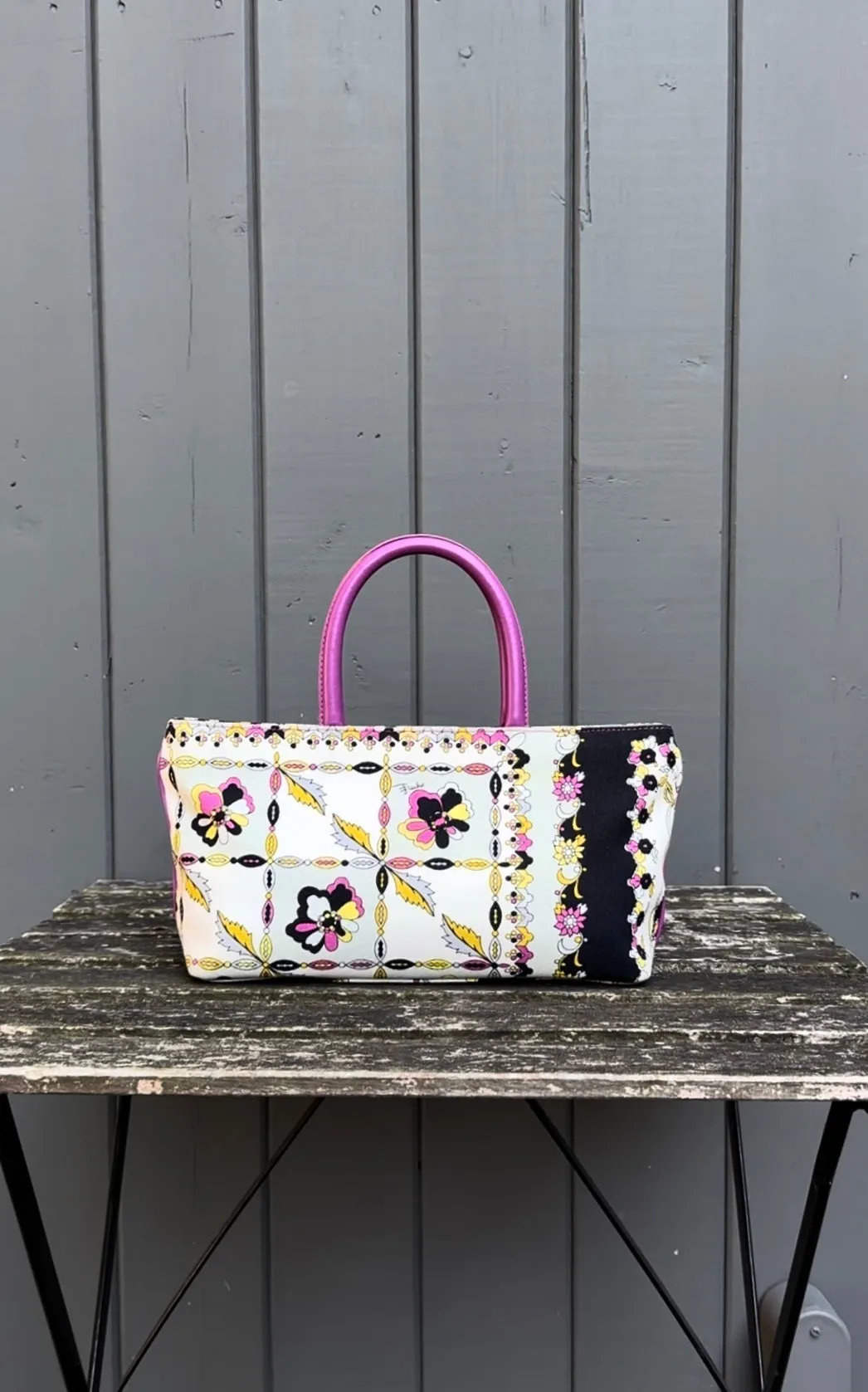 EMILIO PUCCI Vintage Floral Print Canvas Leather Top Handle Tote