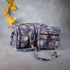 Expandable Travel Bag Blue Colour with Mustard Prints.