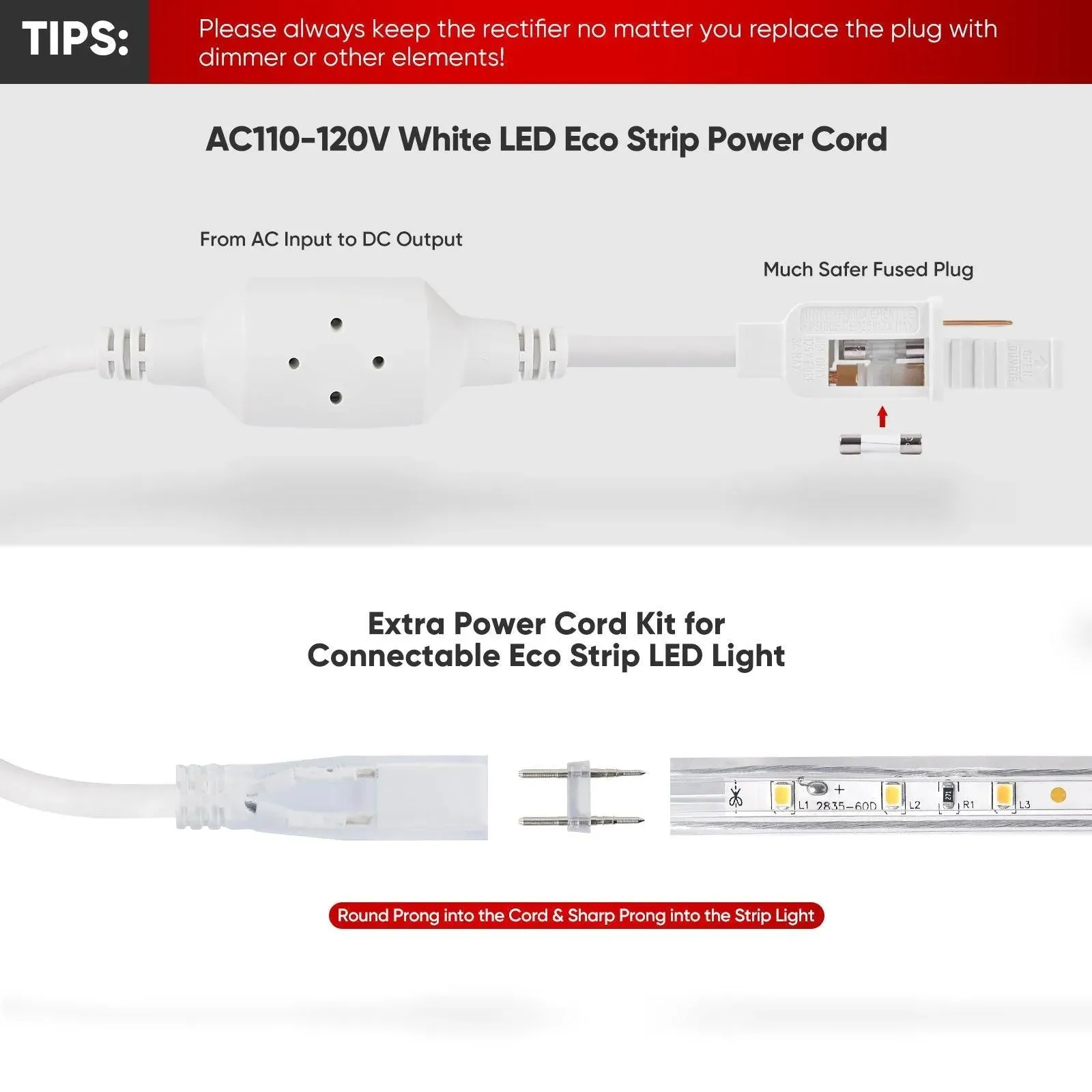 Extra Power Cord Pack for 110V 11.5x7.5mm Eco Strip