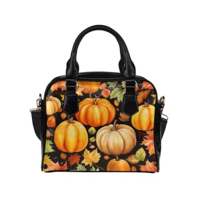 Fall Autumn Leather Purse, Vintage Leaves Pumpkins Cottagecore Fun Print Small Shoulder Vegan Leather Women Designer Ladies Handbag