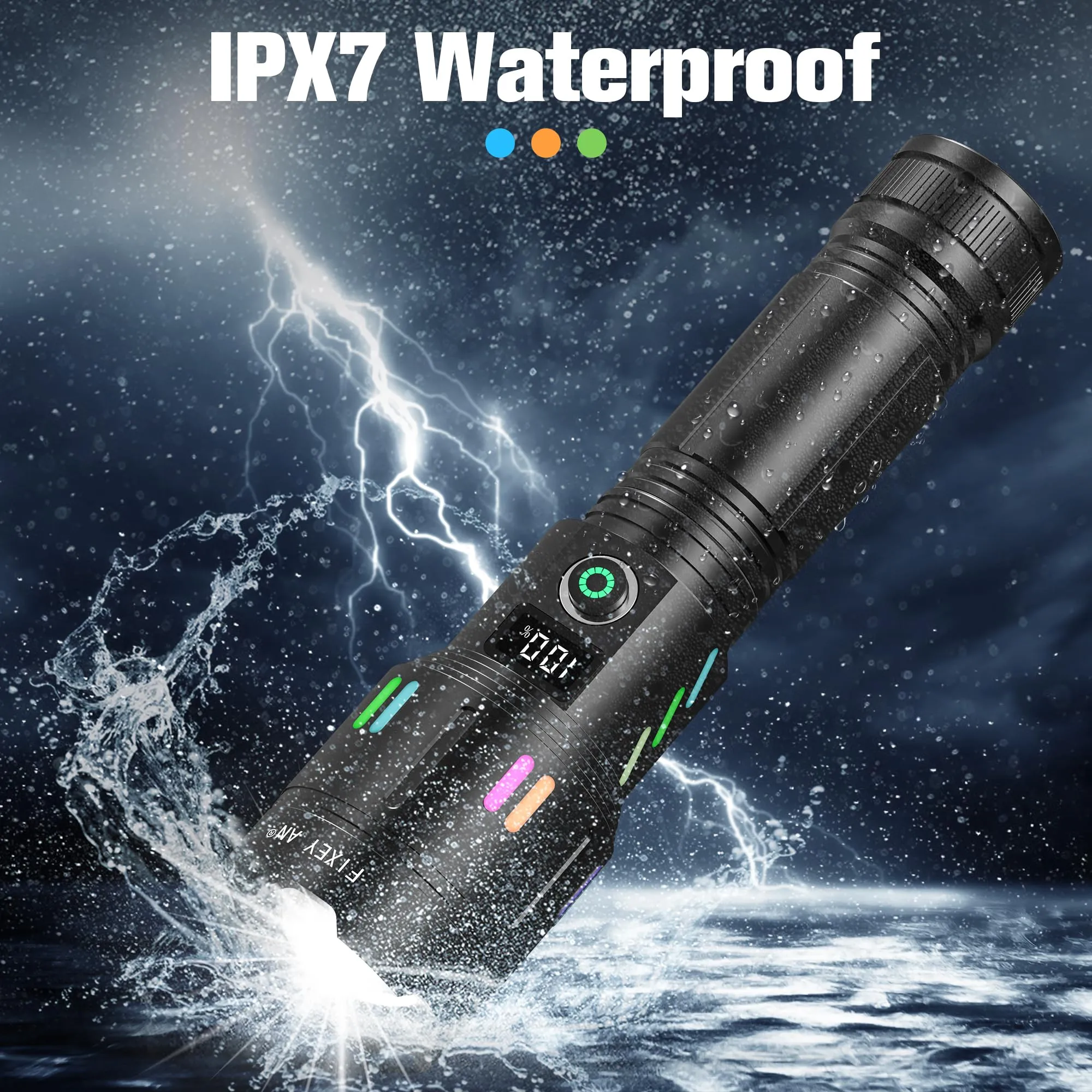 FIXEY AN Rechargeable Flashlight, LED 120000 Lumens, Tactical Flashlight with Zoomable, 5 Modes, Power Indicator, IPX7 Waterproof, Super Bright Flashlight for Camping, Hiking, Emergency, Home