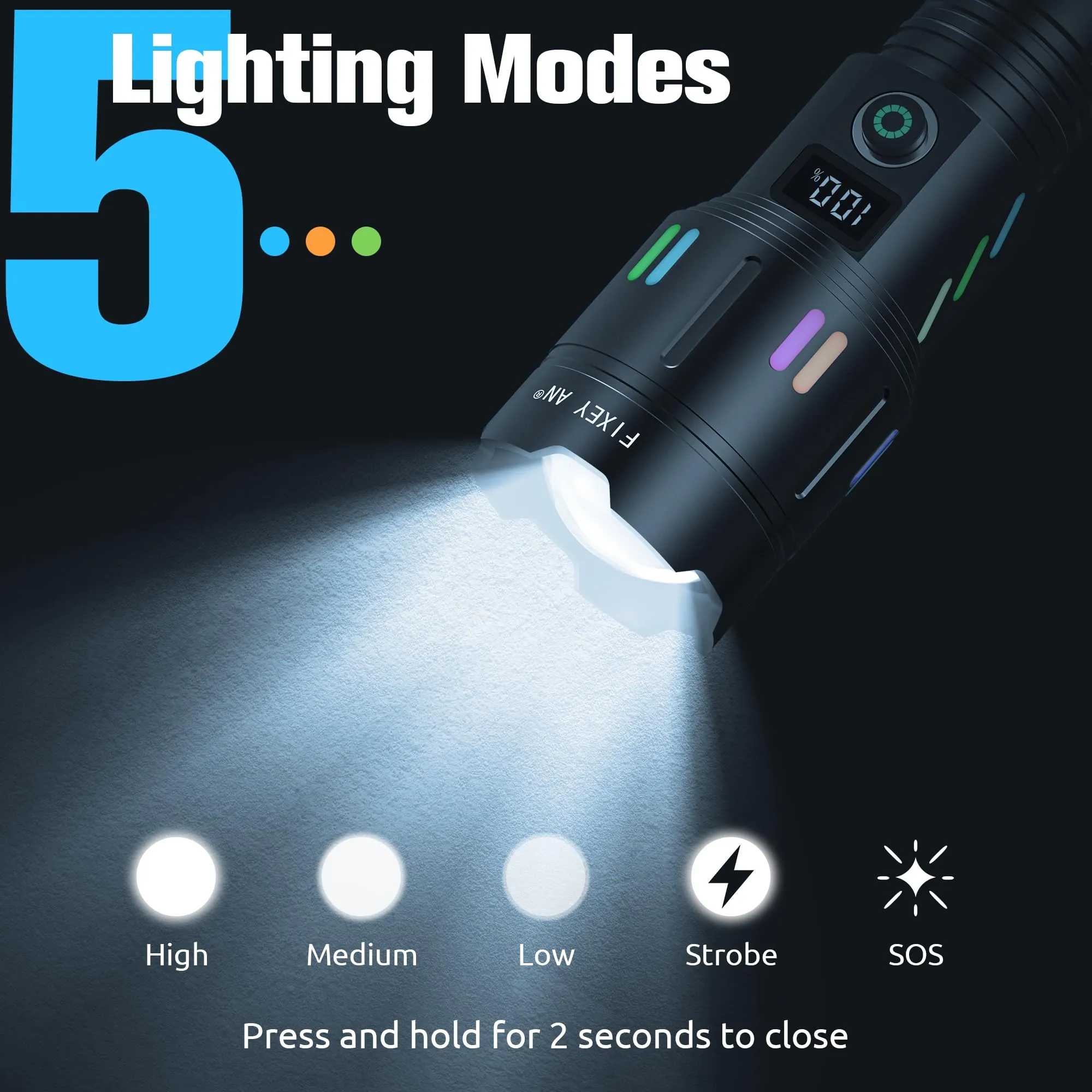 FIXEY AN Rechargeable Flashlight, LED 120000 Lumens, Tactical Flashlight with Zoomable, 5 Modes, Power Indicator, IPX7 Waterproof, Super Bright Flashlight for Camping, Hiking, Emergency, Home