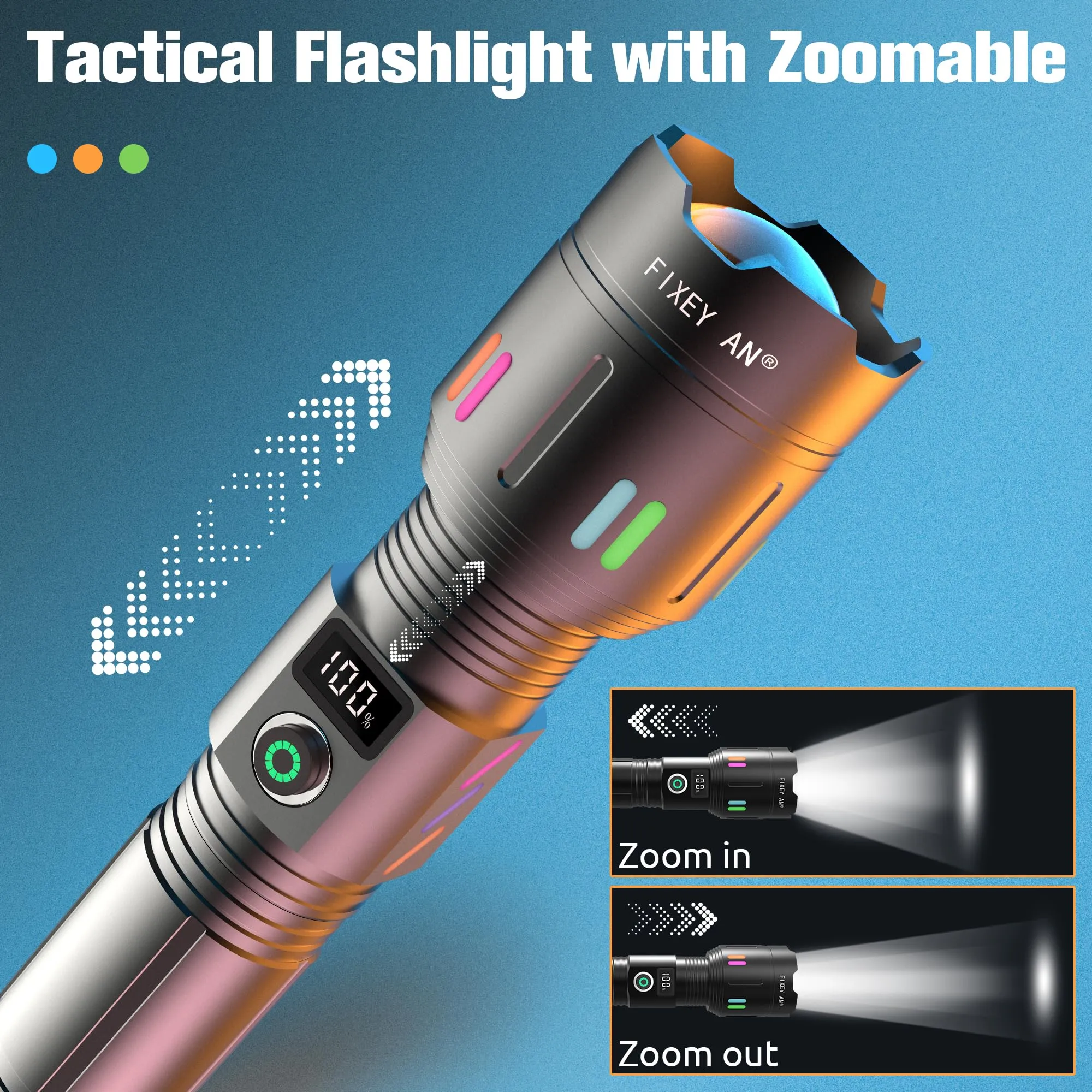 FIXEY AN Rechargeable Flashlight, LED 120000 Lumens, Tactical Flashlight with Zoomable, 5 Modes, Power Indicator, IPX7 Waterproof, Super Bright Flashlight for Camping, Hiking, Emergency, Home