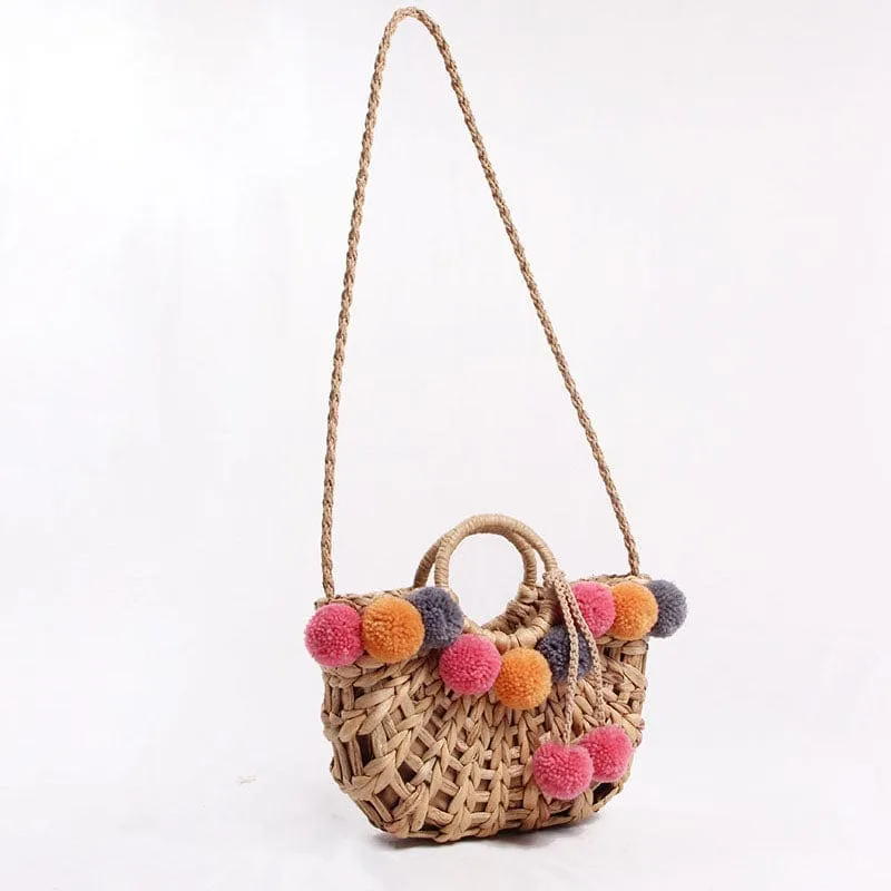 Handmade Straw Hairball Tassel Handbag Travel Beach Bag