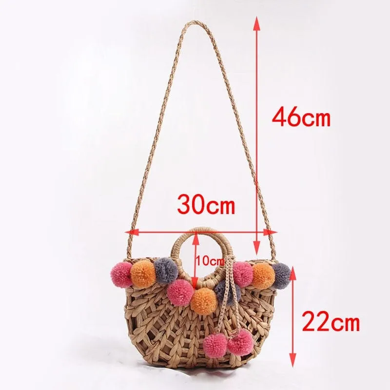 Handmade Straw Hairball Tassel Handbag Travel Beach Bag