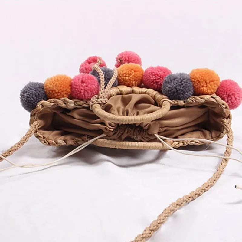 Handmade Straw Hairball Tassel Handbag Travel Beach Bag