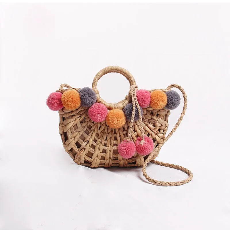 Handmade Straw Hairball Tassel Handbag Travel Beach Bag