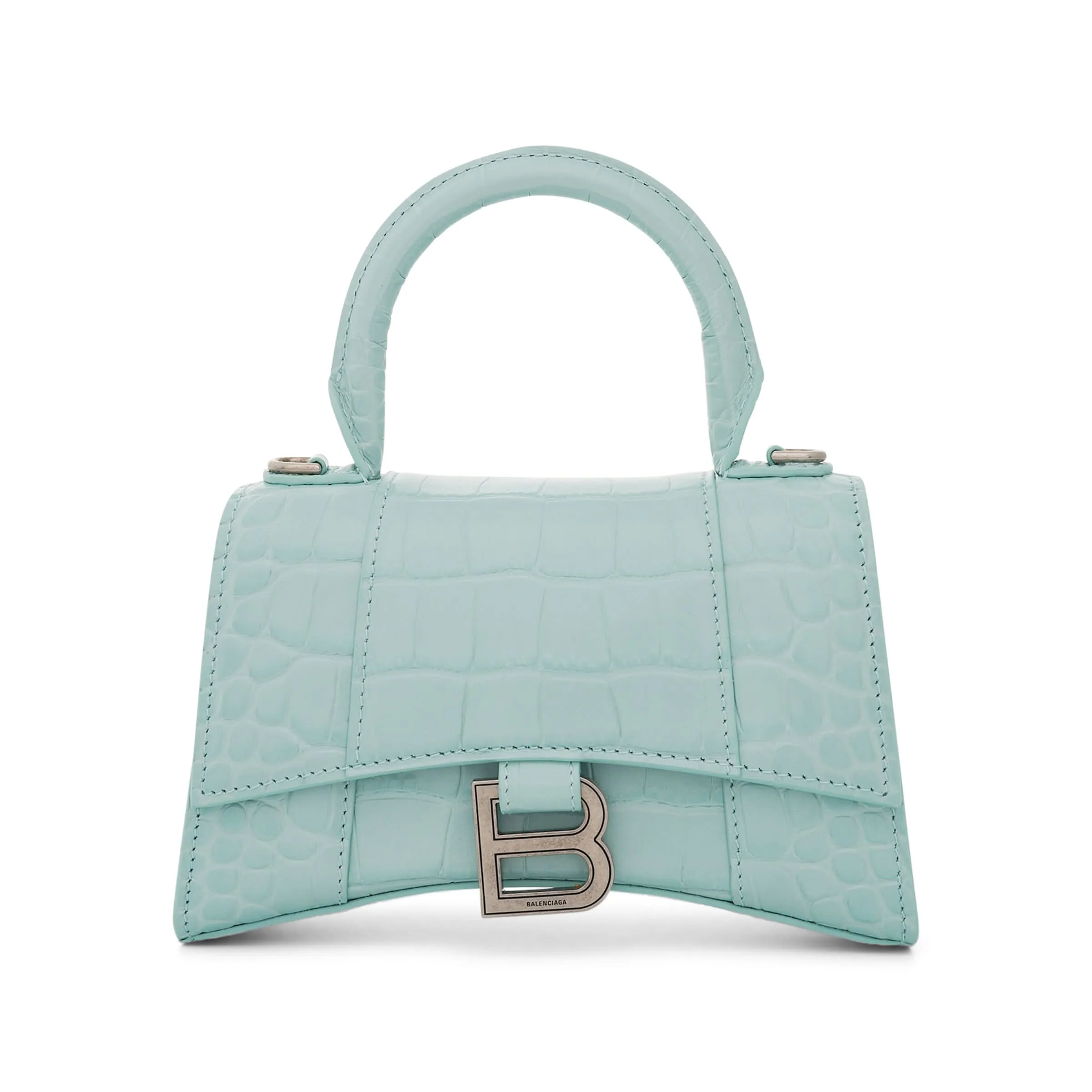 Hourglass XS Croco Embossed Bag in Green Aqua