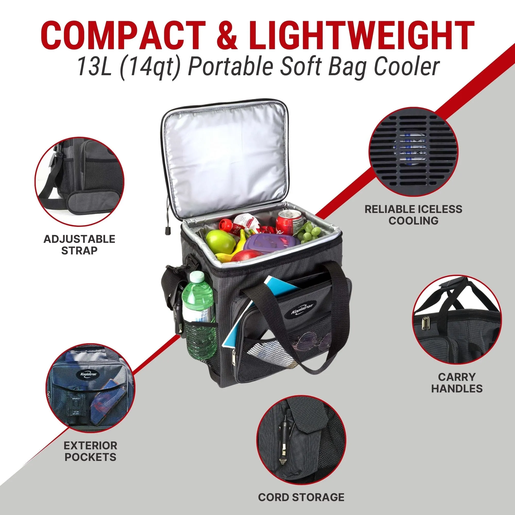 Koolatron 12V Electric Cooler Bag, 13L (14qt), Thermoelectric Soft Bag Cooler, 12 Volt DC Connection, Foldable Storage, Plug In Iceless Portable Fridge, For Work Travel Picnic Vehicle Car, Gray/Black