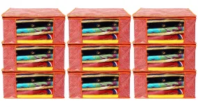 Kuber Industries Lahariya Design Non-woven Sarees, Clothes Cover/Organizer With Transparent Window- Pack of 9 (Orange)-44KM0382