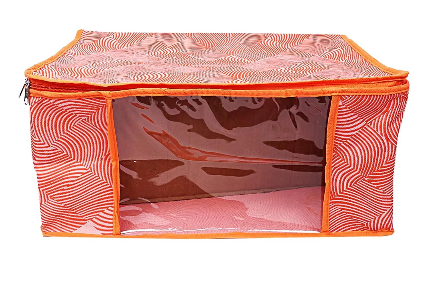 Kuber Industries Lahariya Design Non-woven Sarees, Clothes Cover/Organizer With Transparent Window- Pack of 9 (Orange)-44KM0382