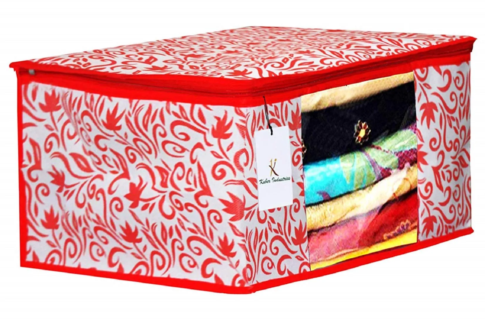 Kuber Industries Leaf Design Non Woven 2 Pieces Saree Cover and 2 Pieces Underbed Storage Bag, Cloth Organizer for Storage, Blanket Cover Combo Set (Red) -CTKTC038668