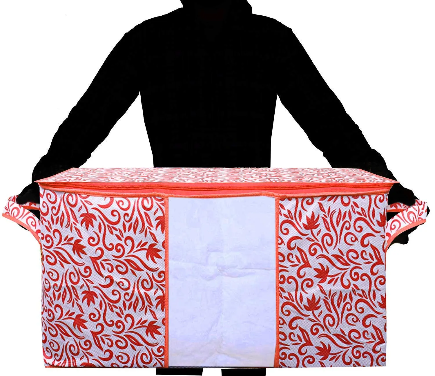 Kuber Industries Leaf Design Non Woven 2 Pieces Saree Cover and 2 Pieces Underbed Storage Bag, Cloth Organizer for Storage, Blanket Cover Combo Set (Red) -CTKTC038668