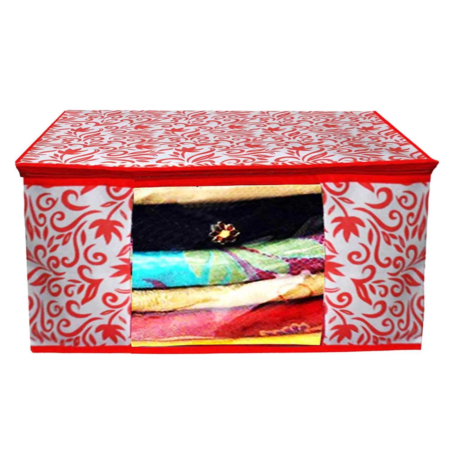 Kuber Industries Leaf Design Non Woven 2 Pieces Saree Cover and 2 Pieces Underbed Storage Bag, Cloth Organizer for Storage, Blanket Cover Combo Set (Red) -CTKTC038668