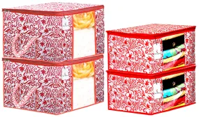 Kuber Industries Leaf Design Non Woven 2 Pieces Saree Cover and 2 Pieces Underbed Storage Bag, Cloth Organizer for Storage, Blanket Cover Combo Set (Red) -CTKTC038668