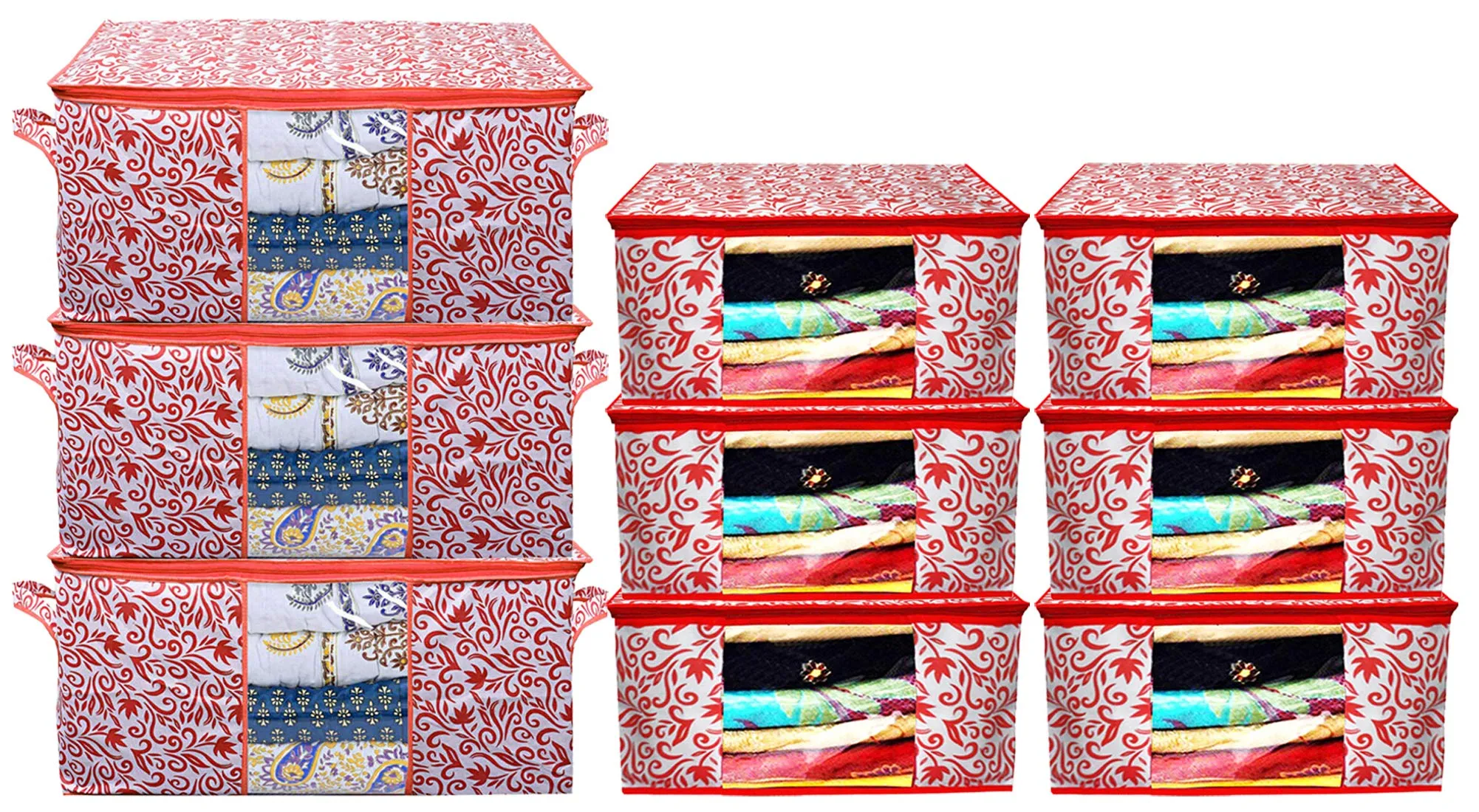 Kuber Industries Leaf Design Non Woven 6 Pieces Saree Cover and 3 Pieces Underbed Storage Bag, Cloth Organizer for Storage, Blanket Cover Combo Set (Red) -CTKTC038675