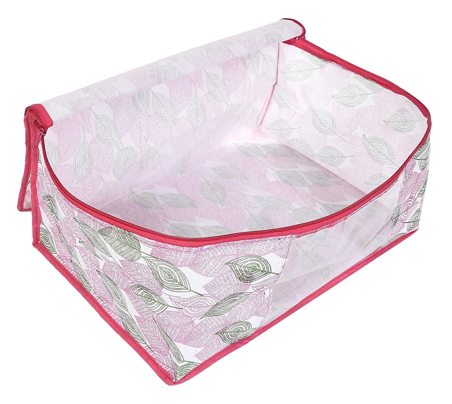 Kuber Industries Leaf Design Non-woven Foldable Saree Cover/Clothes Storage Bag/Wardrobe Organizer With Transparent Window- Pack of 9 (Pink)-44KM0365