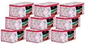 Kuber Industries Leaf Design Non-woven Foldable Saree Cover/Clothes Storage Bag/Wardrobe Organizer With Transparent Window- Pack of 9 (Pink)-44KM0365